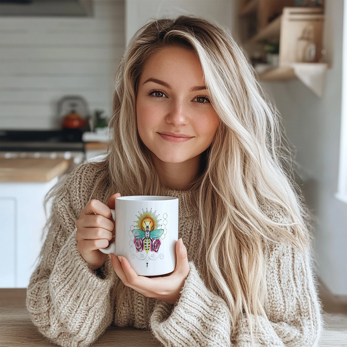 "Mystical Queen Bee Mug - Floral & Sun-Designed Coffee Cup for Bee Lovers, Nature Enthusiasts, Gift Idea for Birthdays, Mother's Day in North America & Europe"