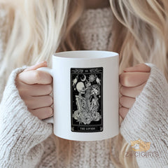"Gothic Tarot Card 'The Lovers' Mug - Black & White Skeleton Couple Design Coffee Cup for Tarot Enthusiasts, Gothic Style Lovers, Gift Idea for Anniversaries, Birthdays in North America & Europe"