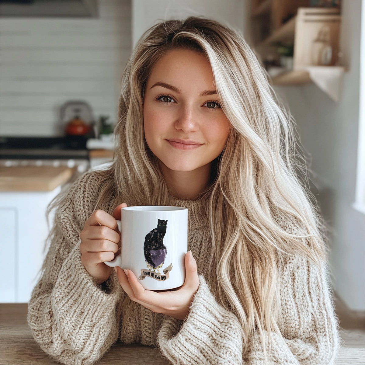 Witchy Black Cat Mug - "I Make My Own Luck" Occult Gothic Coffee Mug for Cat Lovers, Mystical Crystal Ball Ceramic Tea Cup Gift for Women & Men in USA & Europe