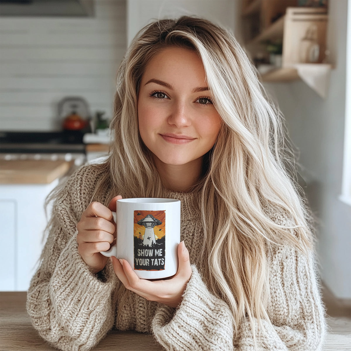 Retro UFO Mug - "Show Me Your Tats" Funny Alien Abduction Coffee Mug for Tattoo Lovers, Vintage Space Ceramic Tea Cup Gift for Men & Women in USA and Europe