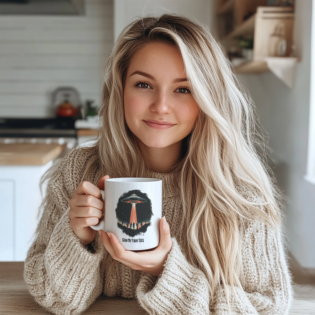 Retro UFO Mug - "Show Me Your Tats" Funny Alien Abduction Coffee Mug, Vintage Space Ceramic Tea Cup Gift for Tattoo Lovers & Sci-Fi Fans in USA and Europe