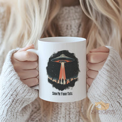Retro UFO Mug - "Show Me Your Tats" Funny Alien Abduction Coffee Mug, Vintage Space Ceramic Tea Cup Gift for Tattoo Lovers & Sci-Fi Fans in USA and Europe