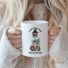 Gothic Skeleton & Mushroom Mug - "I'm Not Really Dead This Is Just How I Look" Funny Dark Humor Ceramic Coffee Mug, Gift for Goth & Nature Fans in USA and Europe