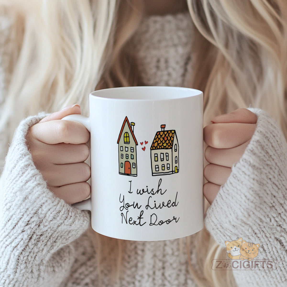 "I Wish You Lived Next Door" Cozy Ceramic Mug | Hand-Painted House Illustration | Thoughtful Friendship & Long-Distance Gift | Perfect for Coffee, Tea & Home Decor