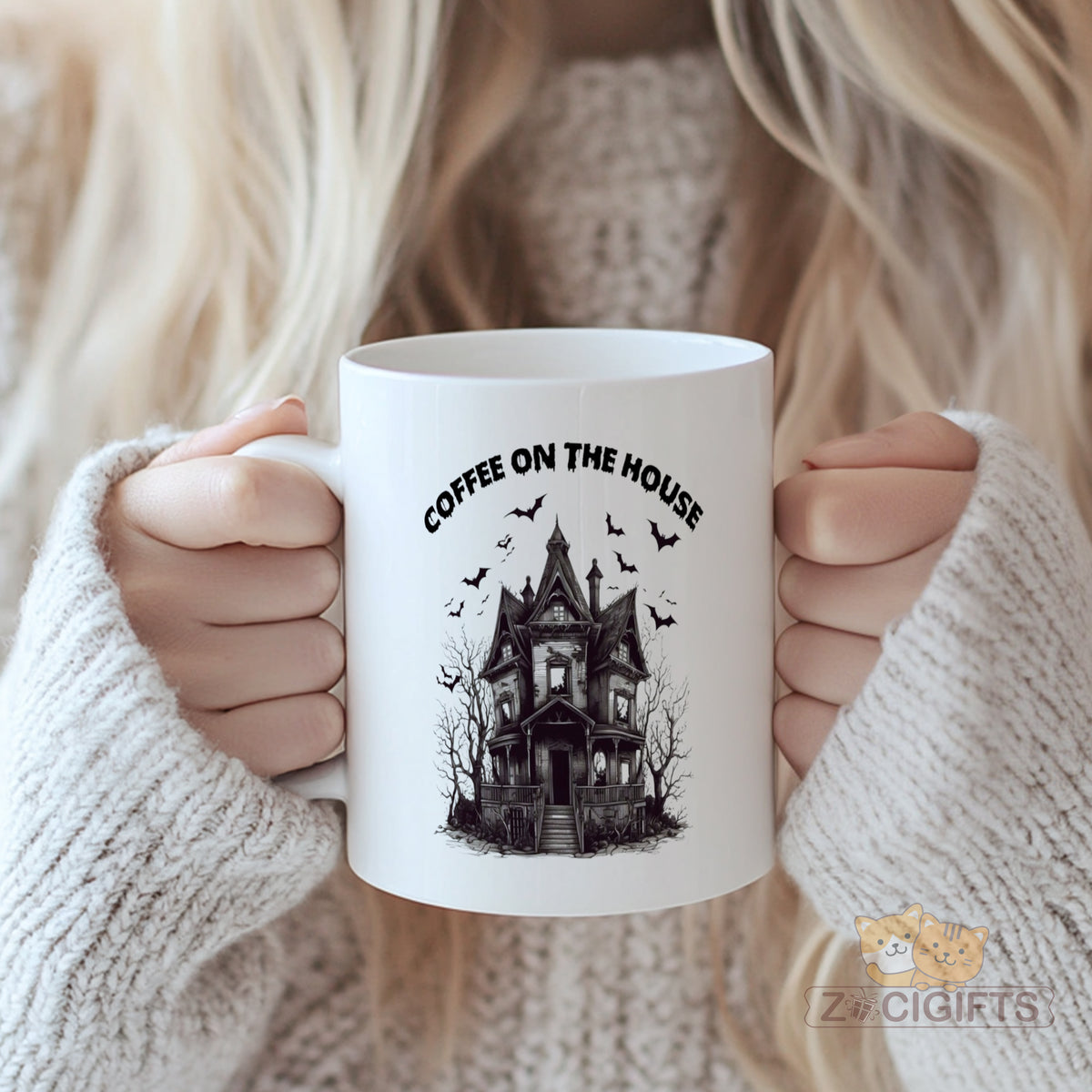 Haunted - House Design "Coffee on the House" Mug - Perfect for Halloween, Gothic - Style Enthusiasts, Unique Home Decor and Coffee Lovers