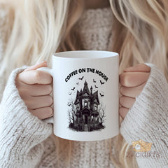 Haunted - House Design "Coffee on the House" Mug - Perfect for Halloween, Gothic - Style Enthusiasts, Unique Home Decor and Coffee Lovers