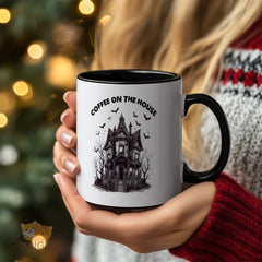 Haunted - House Design "Coffee on the House" Mug - Perfect for Halloween, Gothic - Style Enthusiasts, Unique Home Decor and Coffee Lovers