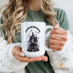 Haunted - House Design "Coffee on the House" Mug - Perfect for Halloween, Gothic - Style Enthusiasts, Unique Home Decor and Coffee Lovers