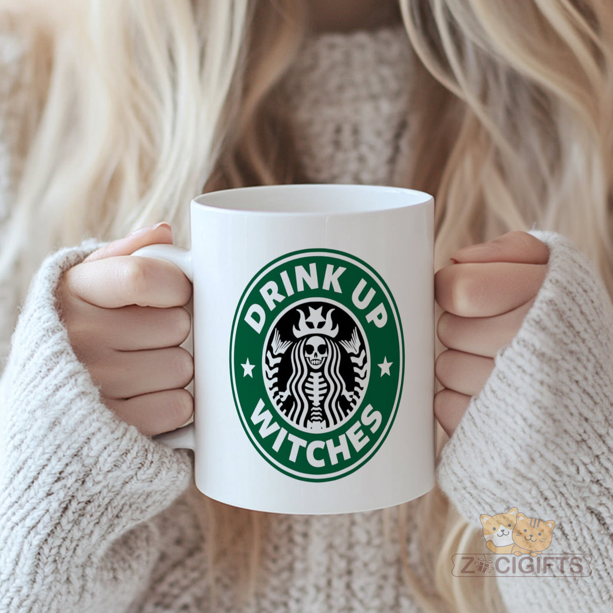 Halloween - themed "Drink Up Witches" Skeleton - Mermaid Starbucks Parody Ceramic Mug - Perfect for Spooky Season, Witch Lovers, and Coffee/Tea Enthusiasts