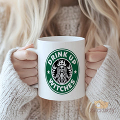 Halloween - themed "Drink Up Witches" Skeleton - Mermaid Starbucks Parody Ceramic Mug - Perfect for Spooky Season, Witch Lovers, and Coffee/Tea Enthusiasts
