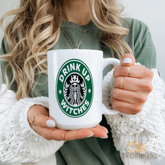 Halloween - themed "Drink Up Witches" Skeleton - Mermaid Starbucks Parody Ceramic Mug - Perfect for Spooky Season, Witch Lovers, and Coffee/Tea Enthusiasts