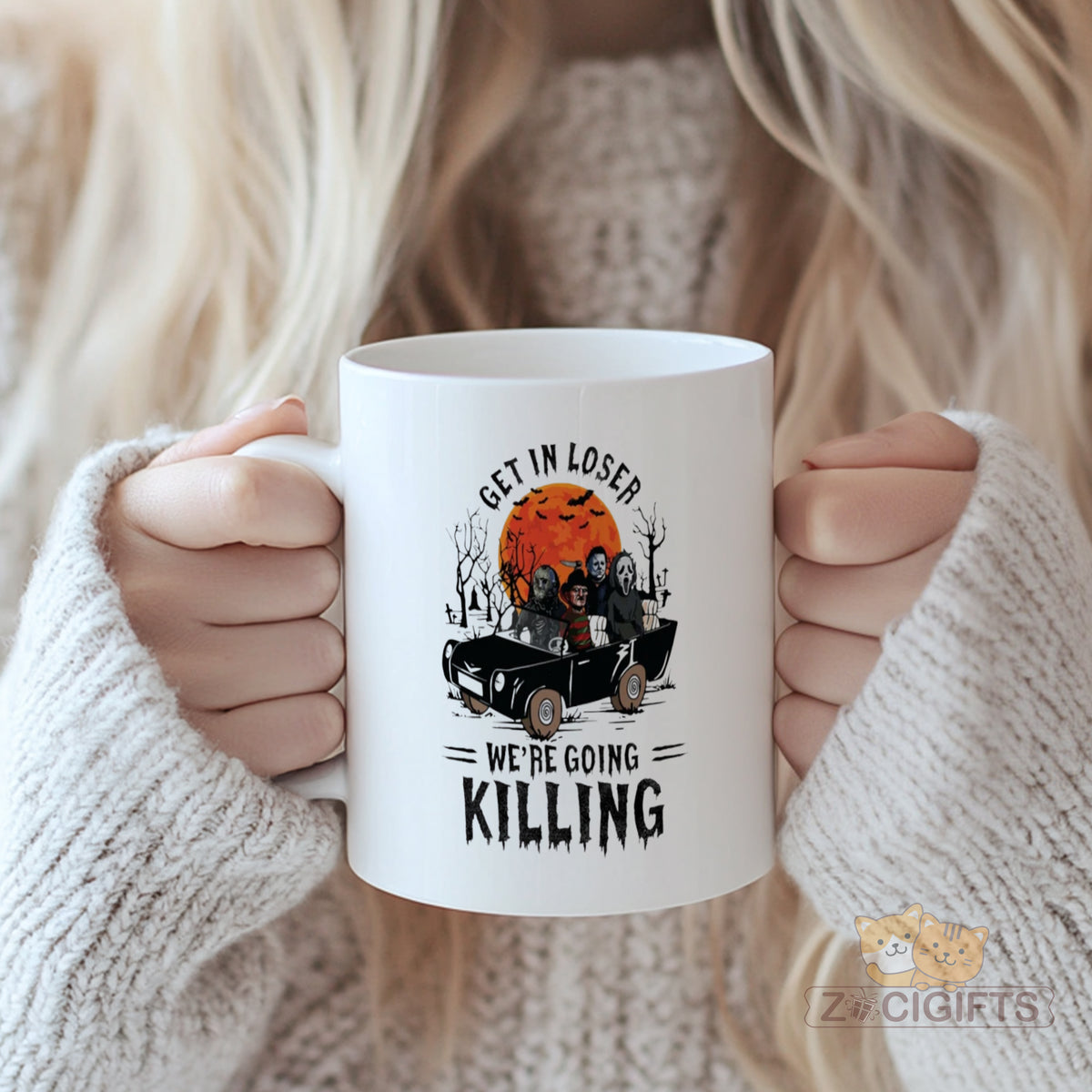 Halloween - themed Mug with Horror Icons: "Get in Loser, We're Going Killing" - Perfect for Horror Fans, Unique Gift Idea, High - quality Ceramic Mug