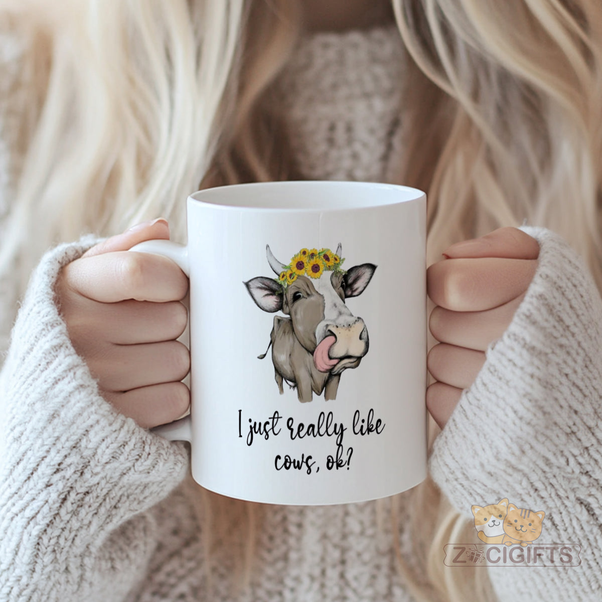I Just Really Like Cows OK Cute Cow Face with Sunflower Crown Mug for Farm Animal Lovers Kitchen Decor or Cozy Cafe Vibe Sipper