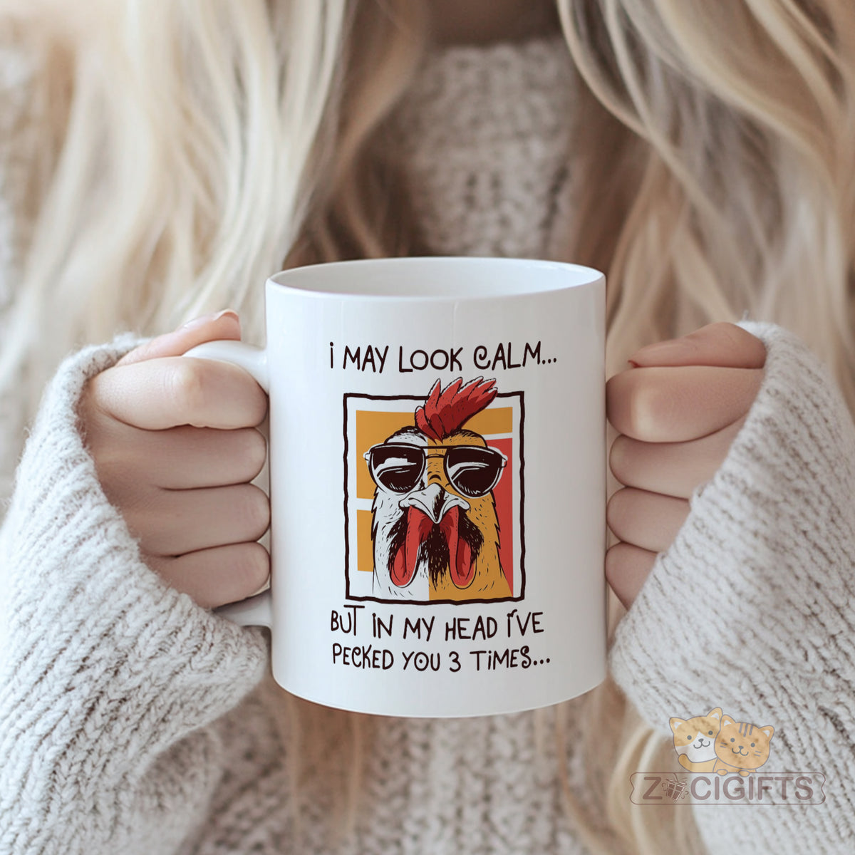 Funny Chicken Mug - Cool Sunglasses Avian Design, Sarcastic "I May Look Calm But In My Head I've Pecked You 3 Times" Quote, Ideal Gift for Animal Lovers and Joke Enthusiasts, High-Quality Ceramic Coffee Mug
