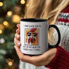 Funny Chicken Mug - Cool Sunglasses Avian Design, Sarcastic "I May Look Calm But In My Head I've Pecked You 3 Times" Quote, Ideal Gift for Animal Lovers and Joke Enthusiasts, High-Quality Ceramic Coffee Mug