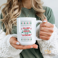 Ugly Christmas Sweater Mug - "Jolliest Bunch of Assholes on the Side of the Nuthouse" Novelty Funny Gift for Christmas, Friends, Coworkers, Family, White Ceramic Mug with Holiday Pattern