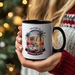 Welcome to Retirement Beach Mug - Perfect Gift for Retirees, Featuring Vintage Camper and Tropical Sunset Design, Durable Ceramic Coffee Cup for Cozy Mornings