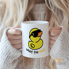 Funny What The Duck Novelty Ceramic Mug for Coffee Tea with Quirky Rubber Duck Design, Cool Sunglasses Graphic, Unique Gift Idea for Duck Lovers & Humor Enthusiasts