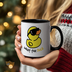 Funny What The Duck Novelty Ceramic Mug for Coffee Tea with Quirky Rubber Duck Design, Cool Sunglasses Graphic, Unique Gift Idea for Duck Lovers & Humor Enthusiasts