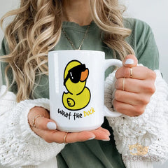 Funny What The Duck Novelty Ceramic Mug for Coffee Tea with Quirky Rubber Duck Design, Cool Sunglasses Graphic, Unique Gift Idea for Duck Lovers & Humor Enthusiasts