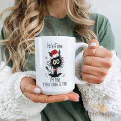 Funny Christmas Cat Mug - Cozy Home Decor & Unique Gift Idea for Cat Lovers, "It's Fine I'm Fine Everything Is Fine" Quote Design