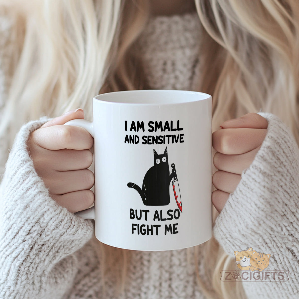 I Am Small and Sensitive But Also Fight Me Novelty Cat Mug - Funny Sarcastic Humor Coffee Cup for Cat Lovers, Home Office Desk Decor
