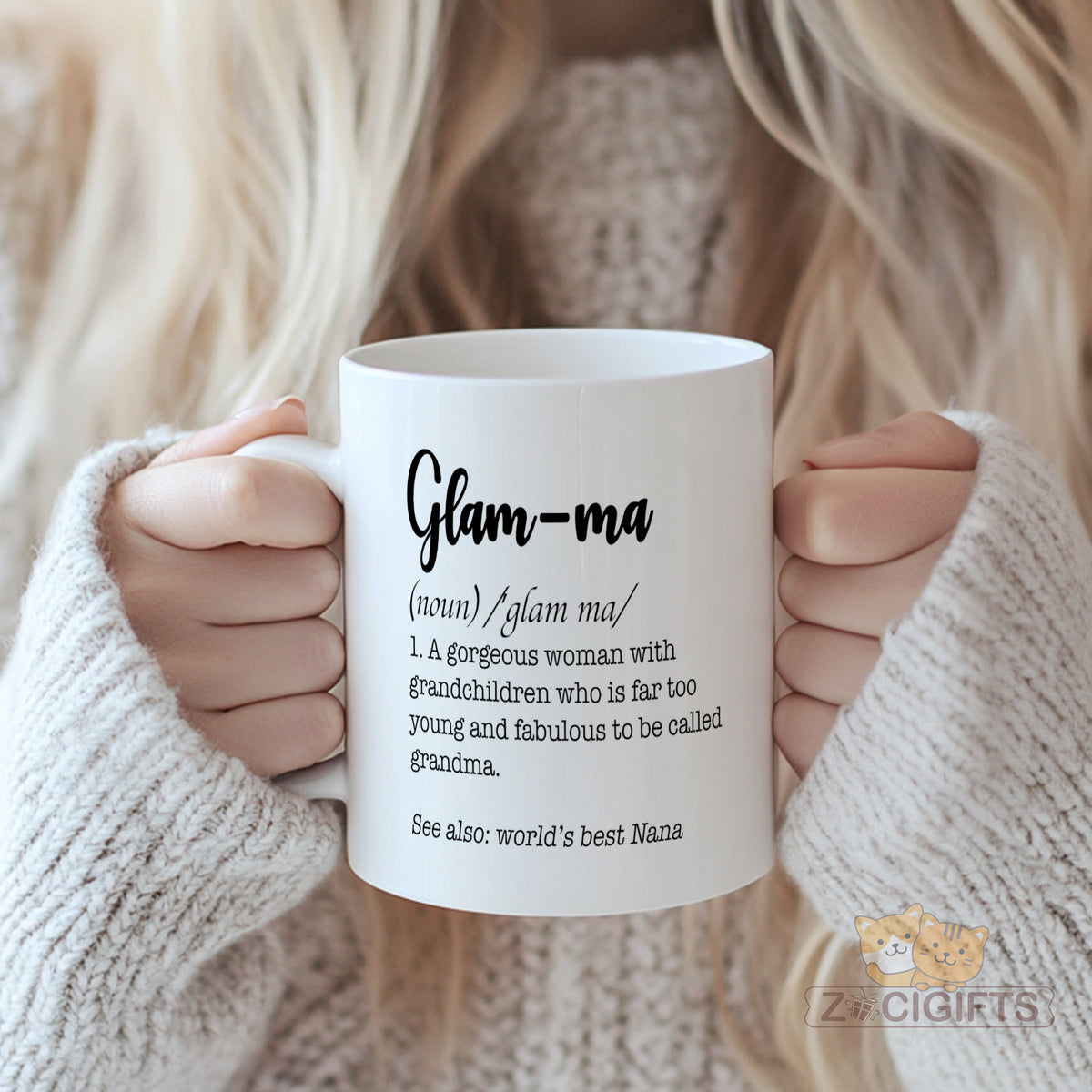 Glam - ma Definition Mug - Unique Gift for Grandmas, Young at Heart, Fabulous Women with Grandchildren, World's Best Nana Inspired Coffee Cup