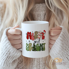 Merry and Bright Christmas - Patterned Ceramic Mug for Hot Coffee, Tea or Cocoa - Festive Holiday Gift for Family, Friends, Coworkers
