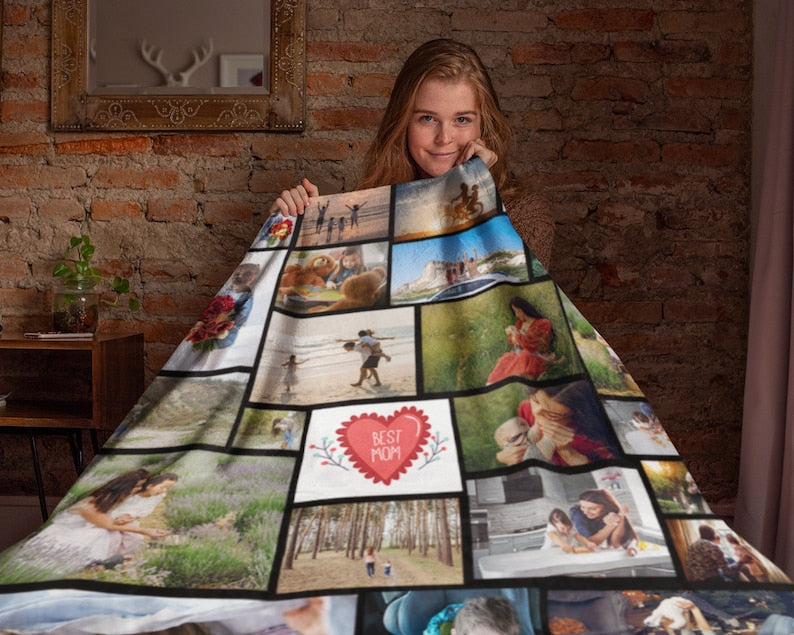 Personalized Photo Blanket, Custom Mother's day Picture blanket, Plush Velveteen or Sherpa Mom Blanket with Your Pictures and Text