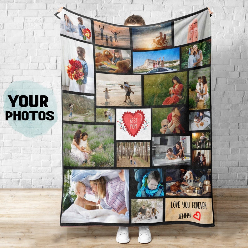 Personalized Photo Blanket, Custom Mother's day Picture blanket, Plush Velveteen or Sherpa Mom Blanket with Your Pictures and Text