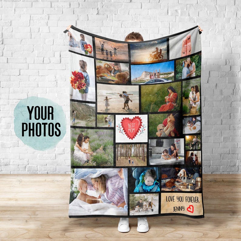 Personalized Photo Blanket, Custom Mother's day Picture blanket, Plush Velveteen or Sherpa Mom Blanket with Your Pictures and Text