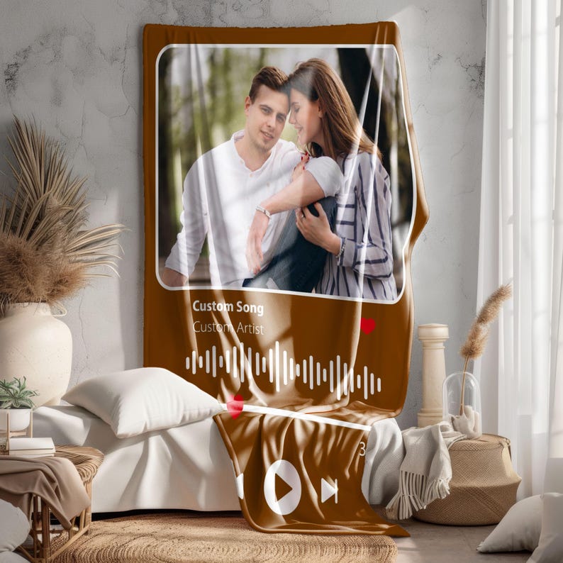 Personalized Music Valentine's Day Gift Blanket, Blanket with Custom Photo, Picture Blankets, Couples Gift, Photo Music Code Music Blanket