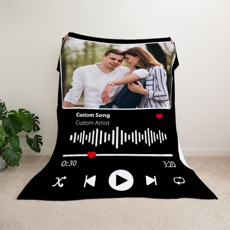 Personalized Music Valentine's Day Gift Blanket, Blanket with Custom Photo, Picture Blankets, Couples Gift, Photo Music Code Music Blanket