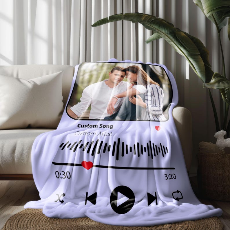 Personalized Music Valentine's Day Gift Blanket, Blanket with Custom Photo, Picture Blankets, Couples Gift, Photo Music Code Music Blanket
