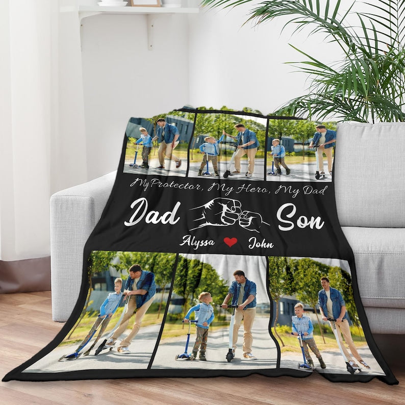 Custom Photo Blanket for Dad, Fathers Day Photo Blanket for Grandfather Dad Birthday Gifts from Daughter Son, Picture Blanket Grandpa Gifts