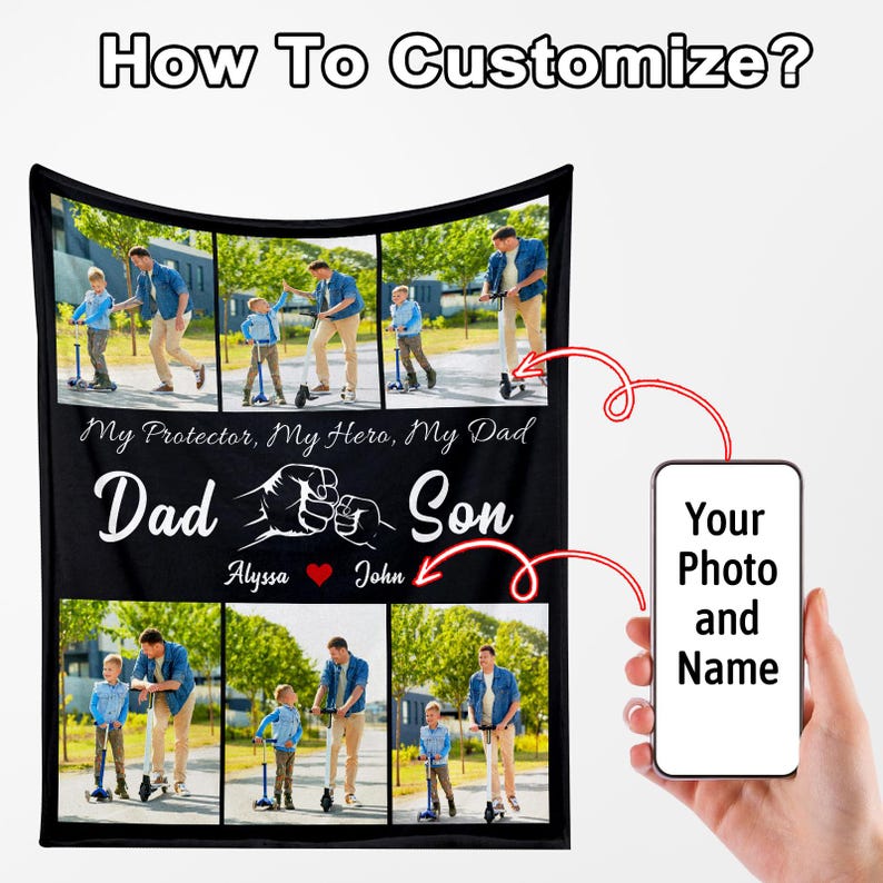 Custom Photo Blanket for Dad, Fathers Day Photo Blanket for Grandfather Dad Birthday Gifts from Daughter Son, Picture Blanket Grandpa Gifts